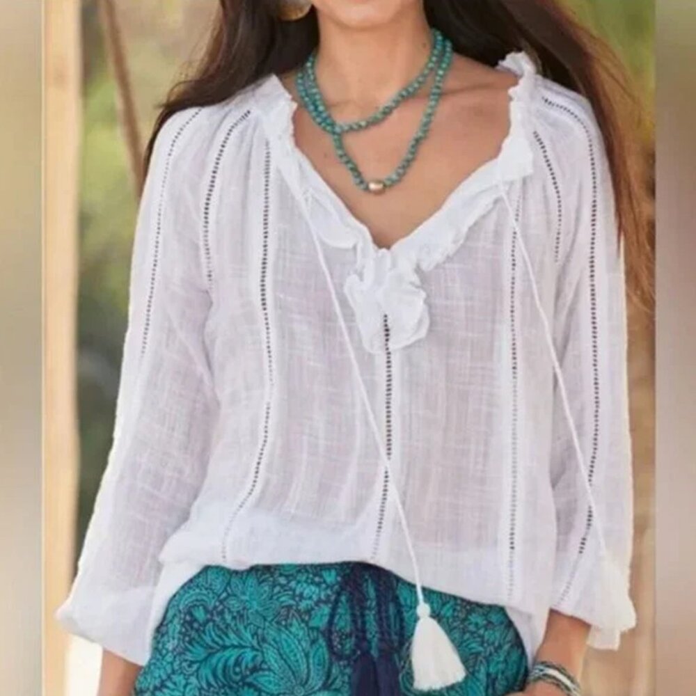 Sundance Artist Tasseled Peasant Blouse Linen White XL (NWOT)